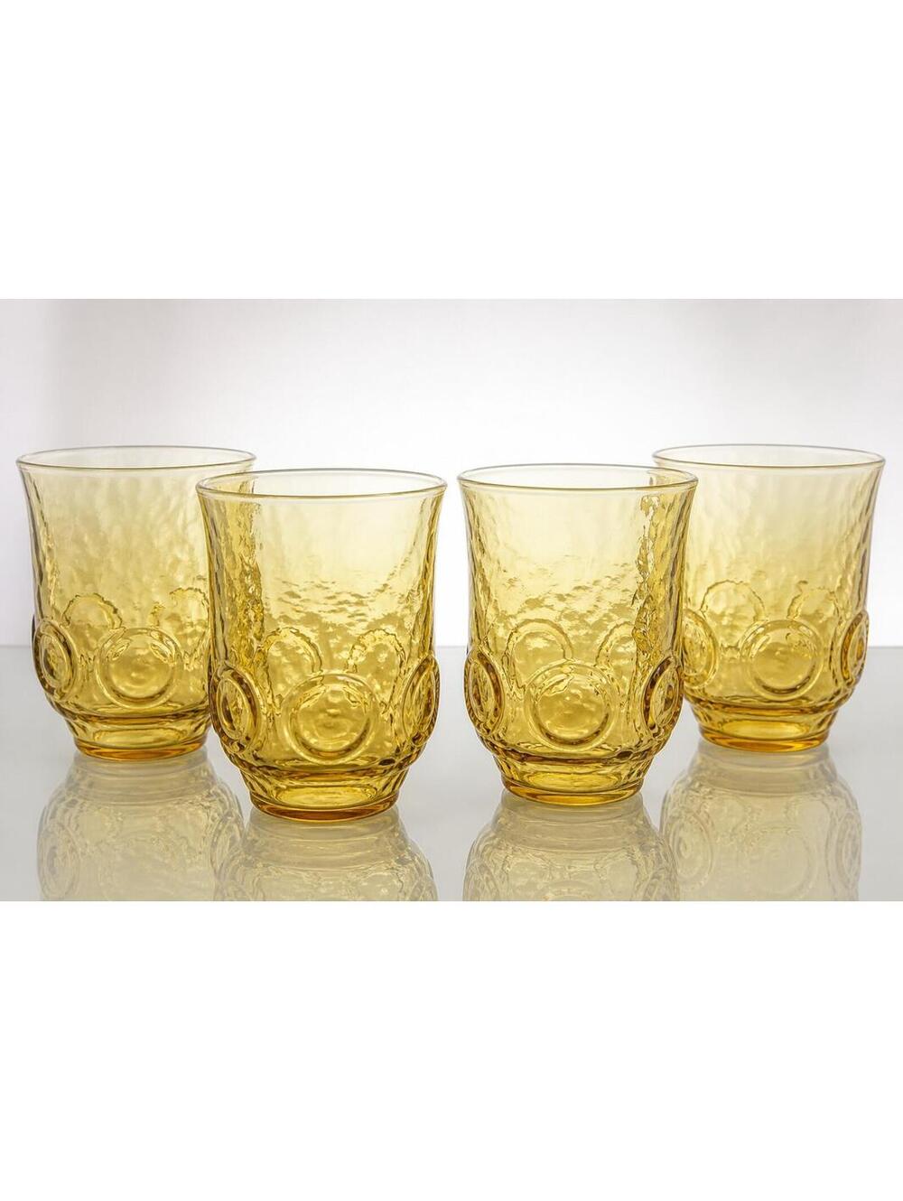 Amber Textured Glass Juice Cups Set 6 Circle Pattern Retro Drinkware